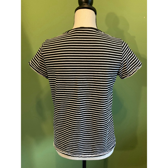 Women's Polo Ralph Lauren M Black White Stripe V-Neck Short Sleeve Tee Red Logo - Picture 3 of 5